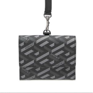 Versace La Greca Monogram Lanyard Wallet Black Grey New